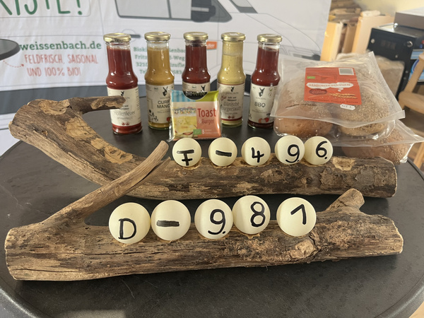 KI generiert: Das Bild zeigt einen dekorativen Ständer aus Holz mit darauf befestigten Kugeln, die Zahlen und Buchstaben tragen, sowie einen Geschenkkorb mit Lebensmitteln und Getränken im Hintergrund. Auf dem Ständer befindet sich auch ein Element mit Engelsflügeln.